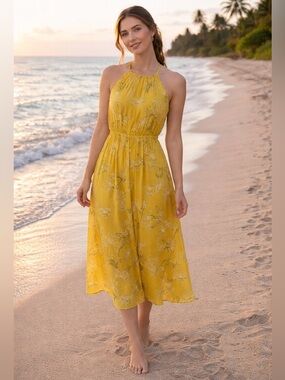 Reitmans Mustard Yellow Floral Halter Dress